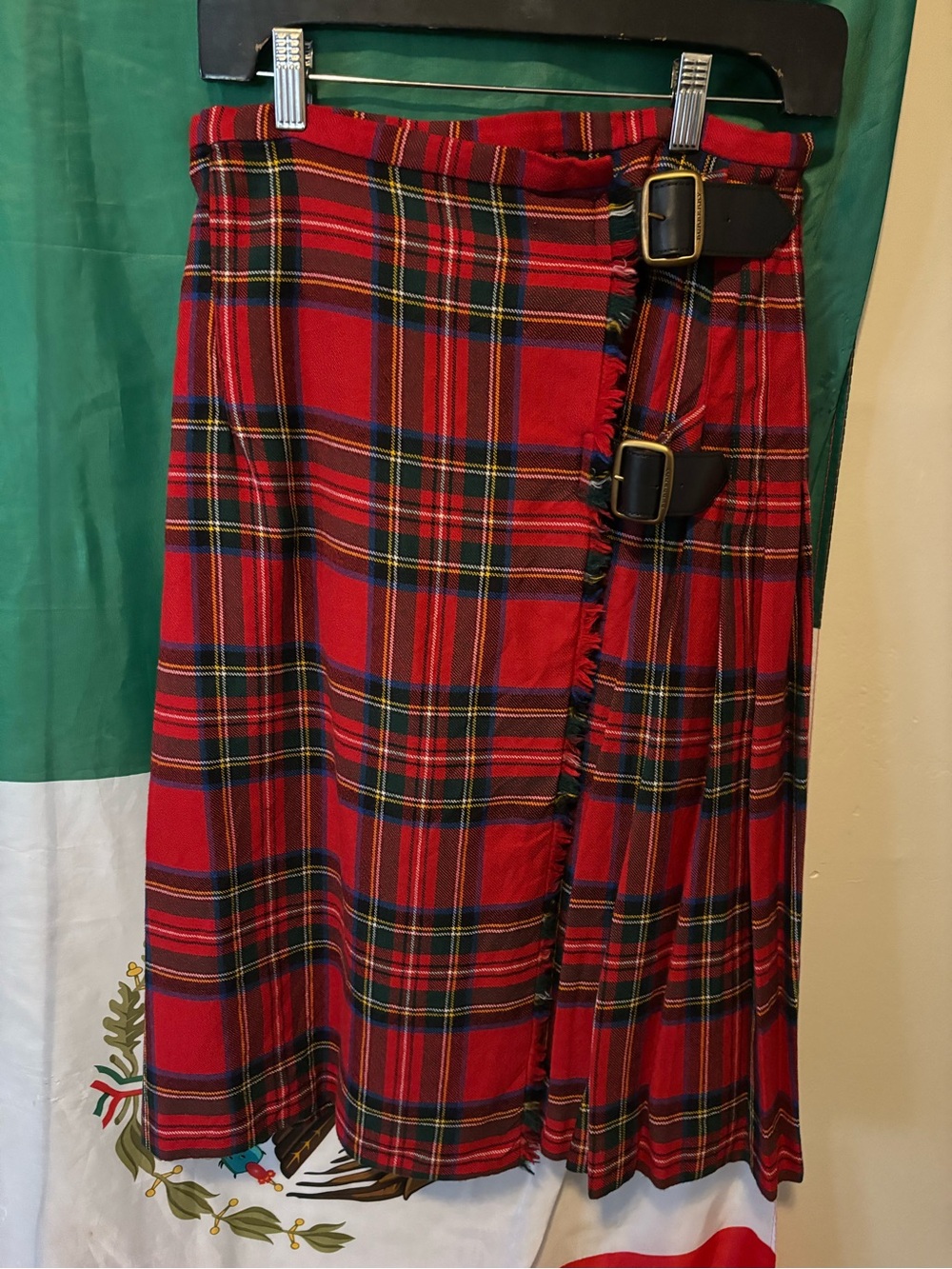 Burberry Red Tartan Midi Wrap Skirt with Buckle Accents